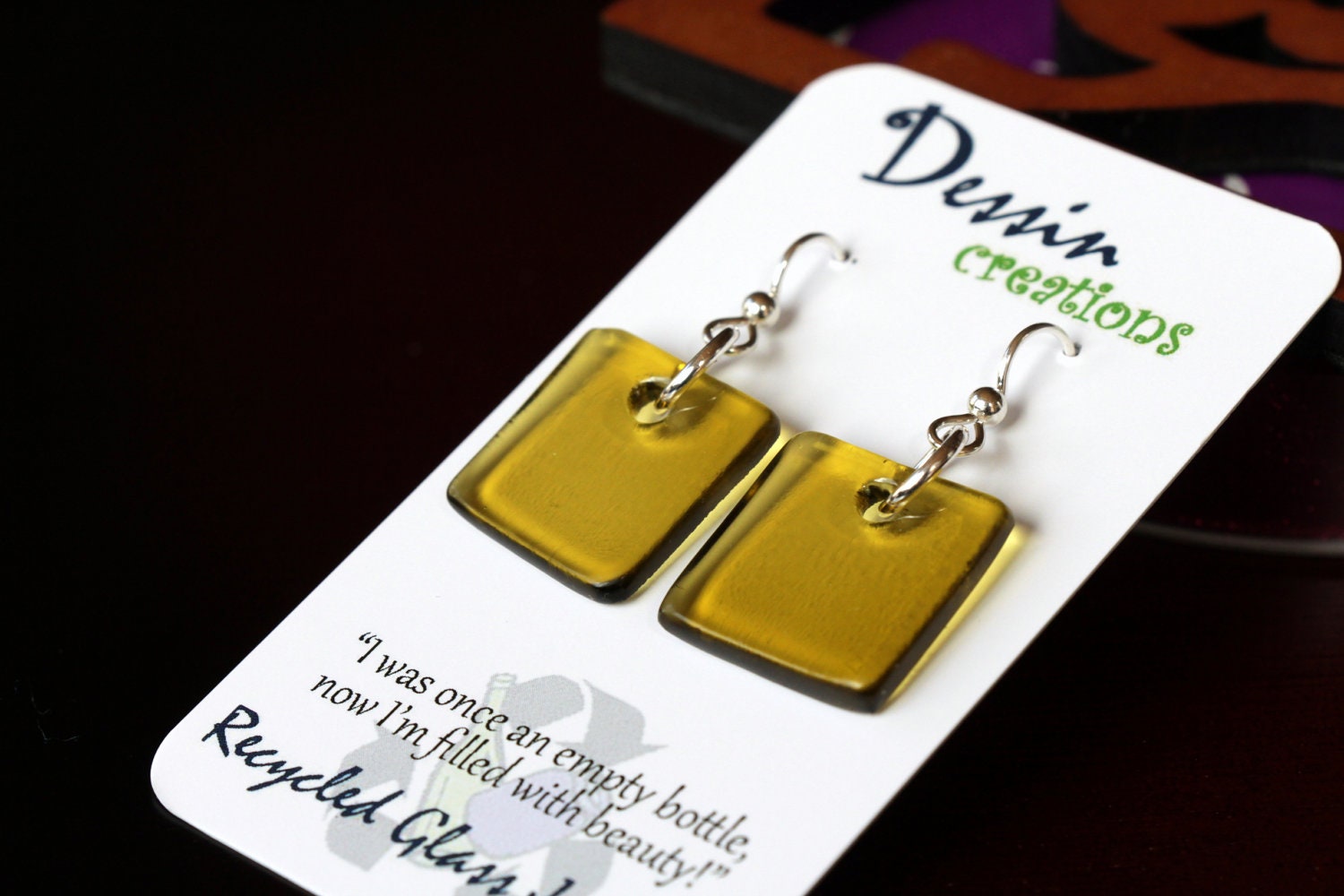 Wine Bottle Jewelry, Golden YELLOW Earrings, Handcrafted Upcycled Glass Jewelry, Chardonnay Wine Bottle, Sterling Silver, Dessin Creations