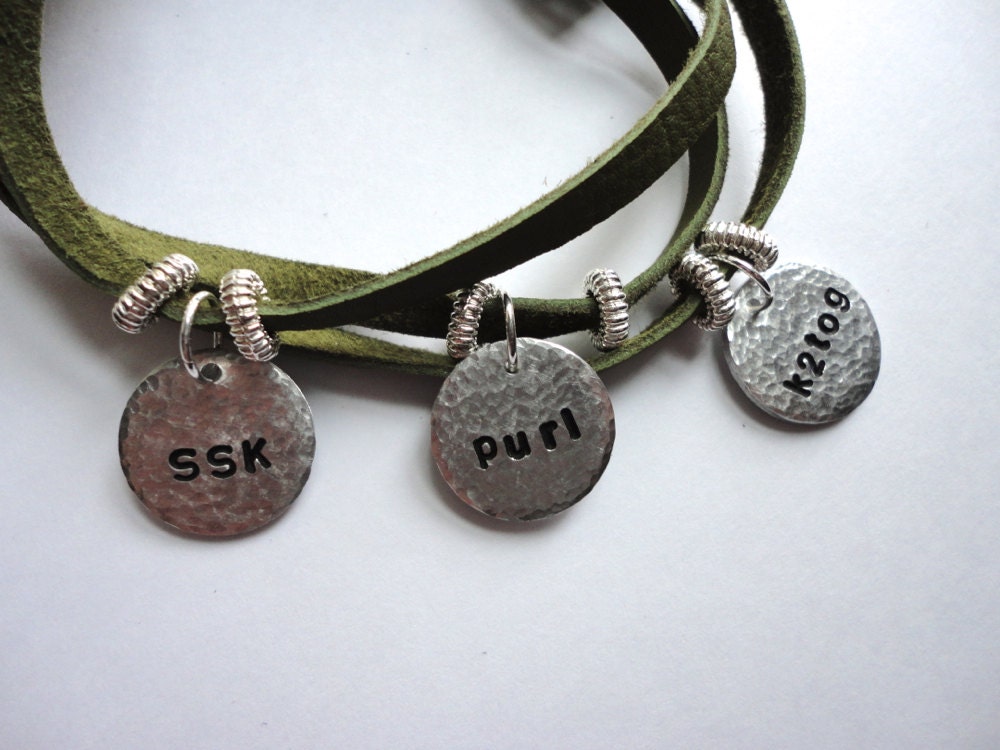 Hand Stamped SSK, purl, k2tog Leather Wrap Jewelry - Knitter Jewelry