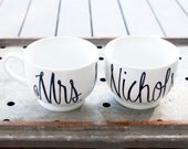 mr. and mrs. last name coffee mugs - wedding date on handle - set of two (2) black and white hand painted design