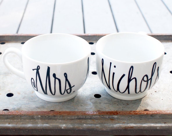 mr. and mrs. last name coffee mugs - wedding date on handle - set of two (2) black and white hand painted design
