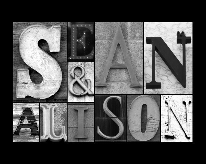 Custom 11x14 Name Collage (Unframed) - Black & White - Wedding, Christmas, Anniversary and Birthday Gift