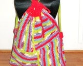 Backpack Crocheted Large,  Red, Blue, Green, Purple, Lined, Leather Strap with Tie