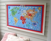 World Map BULLETIN BOARD - Kids Magnetic Memo Board with Red White and Blue Fabric Map and our HANDMADE hardwood frame