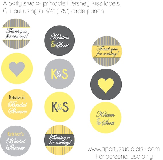 Bridal Shower Hershey Kiss Labels- Yellow and Grey- print your own
