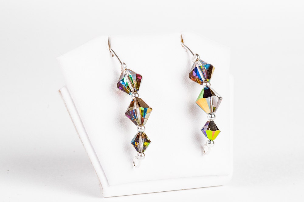 Xilion Crystal Earrings / Swarovski beaded dangling bridal rainbow xilion beads earrings
