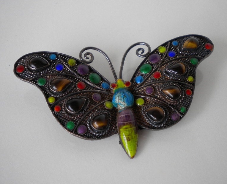 Vintage Butterfly Chinese Silver Enamel and Tigers Eye Brooch