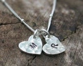 Monogram Double Heart Personalized Necklace / Two Hand Stamped Initial Charms in Sterling Silver