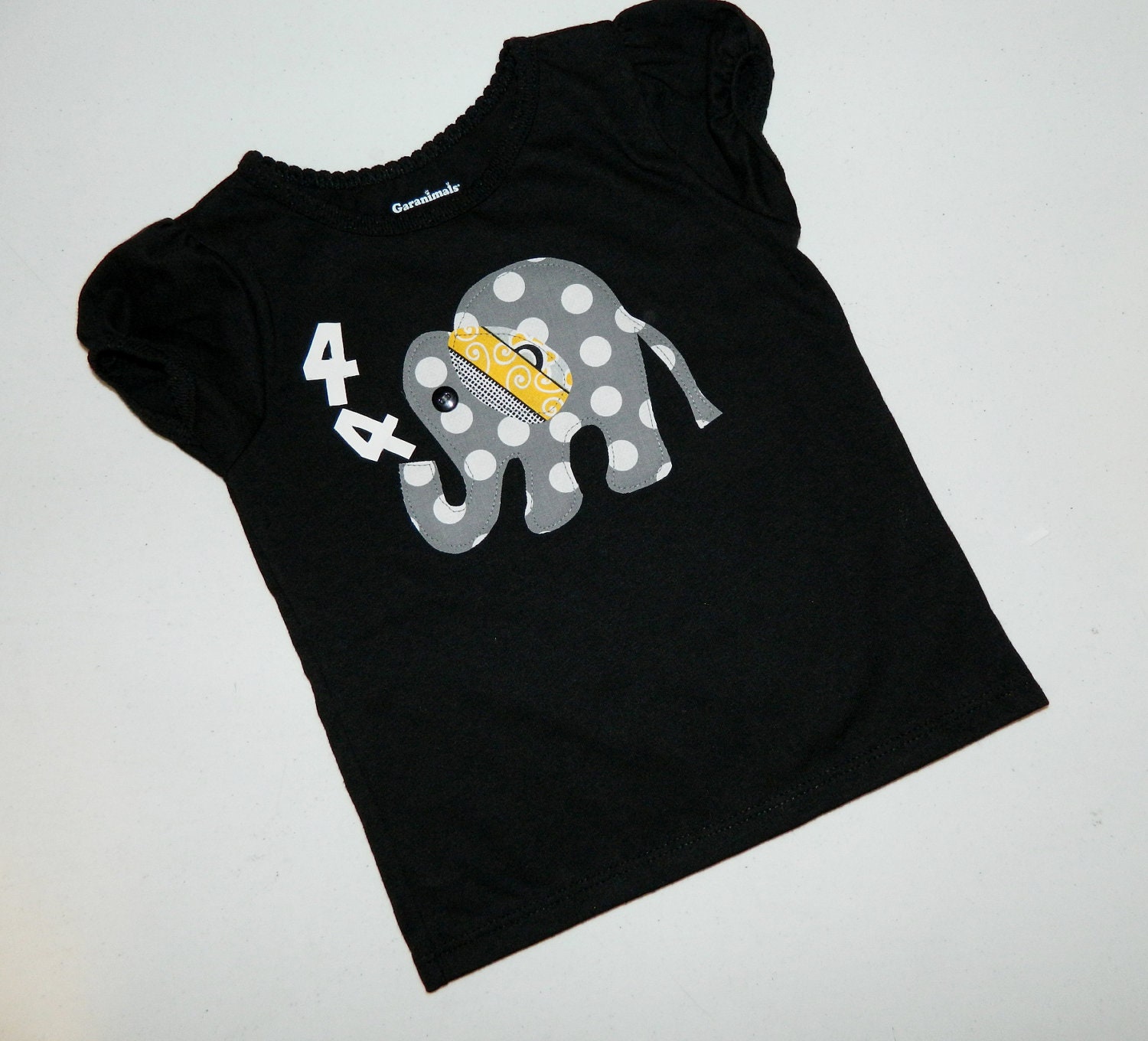New gold and gray - tween, girl, toddler black shirt with gray polka dot elephant spouting personalized birthday number applique NB - 16