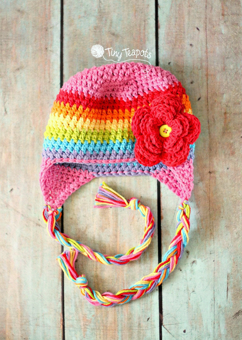 Rainbow Hat, Girls Hat, Photo Prop, Earflap Hat, Spring Hat, Toddler, Baby, Girl, Crochet