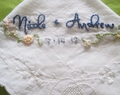 Custom Embroidered Vintage Wedding Handkerchief -  Hand Embroidery - 2 lines plus small detail