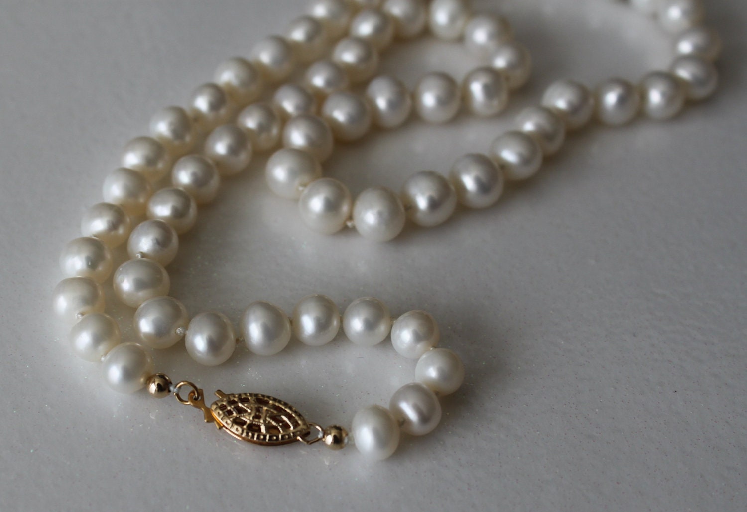 Pearl Knotted Necklace and Earrings SET, Fresh Water white creamy pearls, 14K Gold filled fancy filigree Clasps and beads, Wedding Jewelry