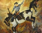 Western painting, Saddle bronc painting, Cowboy art, rodeo art, paint horse, western decor, cowboy wall art