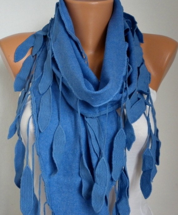 BIG SALE Blue Scarf -  Pashmina  Scarf  - Cotton Scarf - Women Scarves - Cowl with Lace  Edge - fatwoman