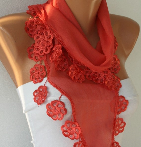 Women Scarf - Cotton Scarf - Cowl Scarf with Lace Edge - Red