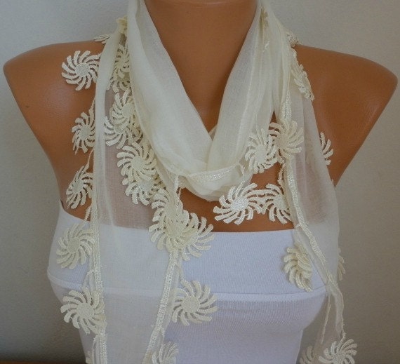 Creamy White Scarf - Cotton Scarf - Cowl with Lace Edge - fatwoman - Bridesmaids Gifts