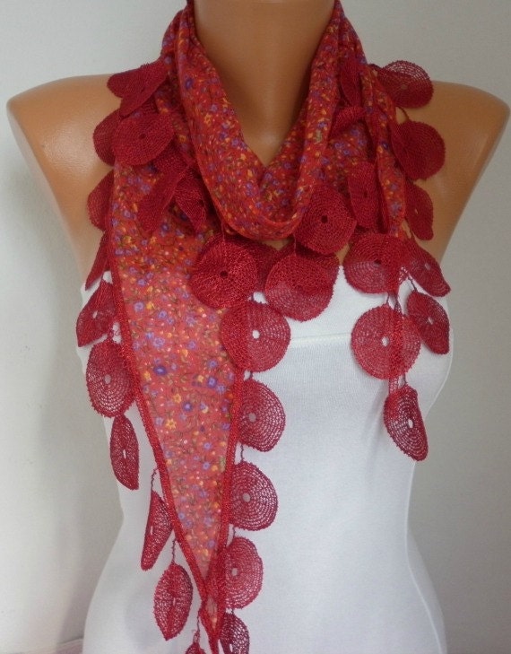 Red Scarf Multicolor Scarf - Cotton Scarf - Cowl with Lace Edge - RED
