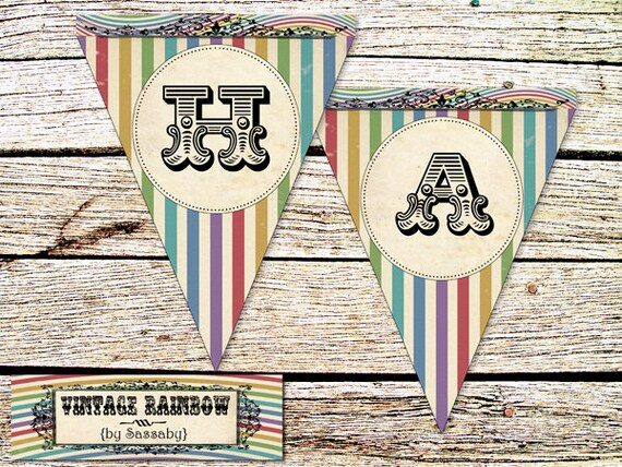Vintage Rainbow Party Banner - DIY PRINTABLE FILE - Birthday Party Bunting Il_570xn