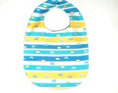 Baby Boy Bib - Tiny Cars & Vans - Blue Aqua Yellow White Stripes - Baby Gift Under 10