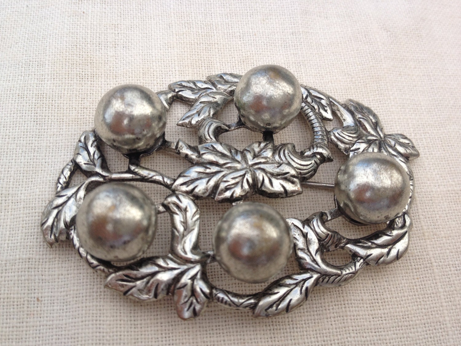 Antique Leaf and berries silver metal c clasp brooch for reuse