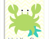 Children's Bathroom Wall Art, Nursery Print, Crab and Starfish with chevron background - 8x10 in aqua and green Wash your Claws