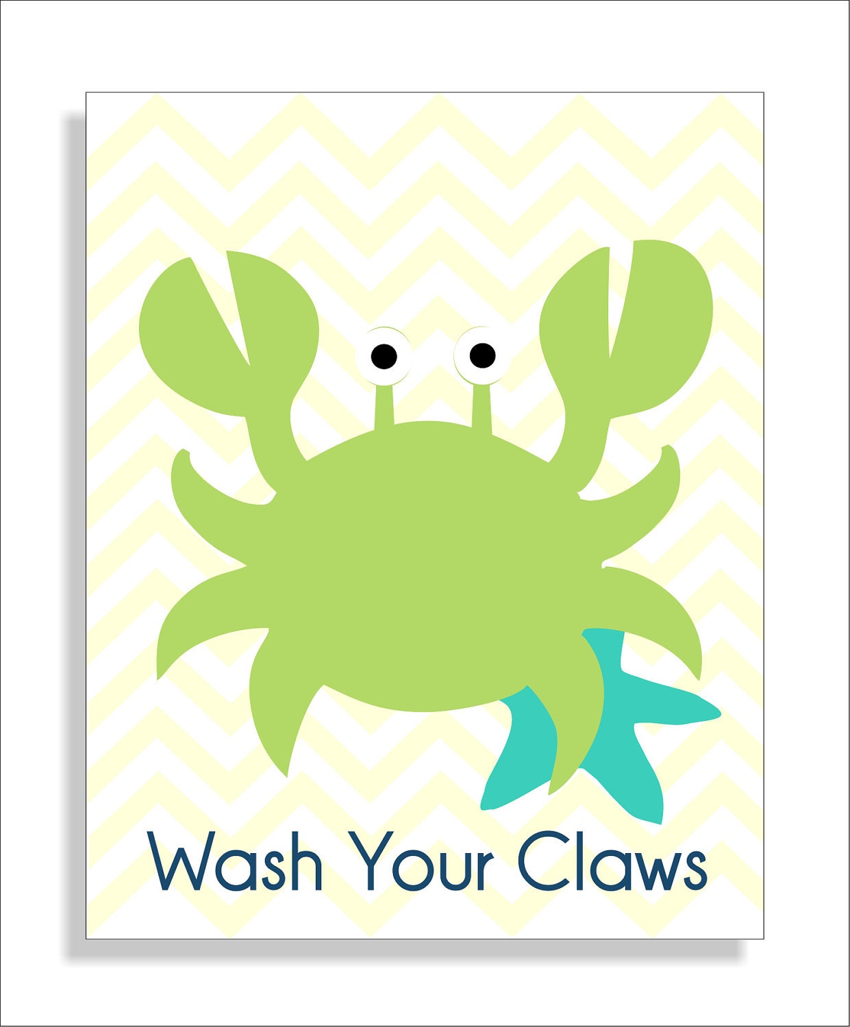 Children's Bathroom Wall Art, Nursery Print, Crab and Starfish with chevron background - 8x10 in aqua and green Wash your Claws