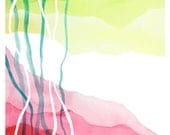 A LITTLE BIT abstract watercolor art print in bright green, pink, teal