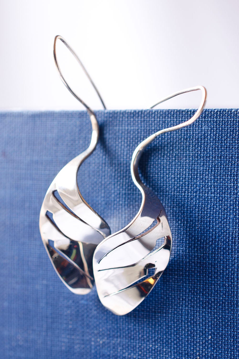 Hand Forged Sterling Silver Graphic Curve Leaf Earrings