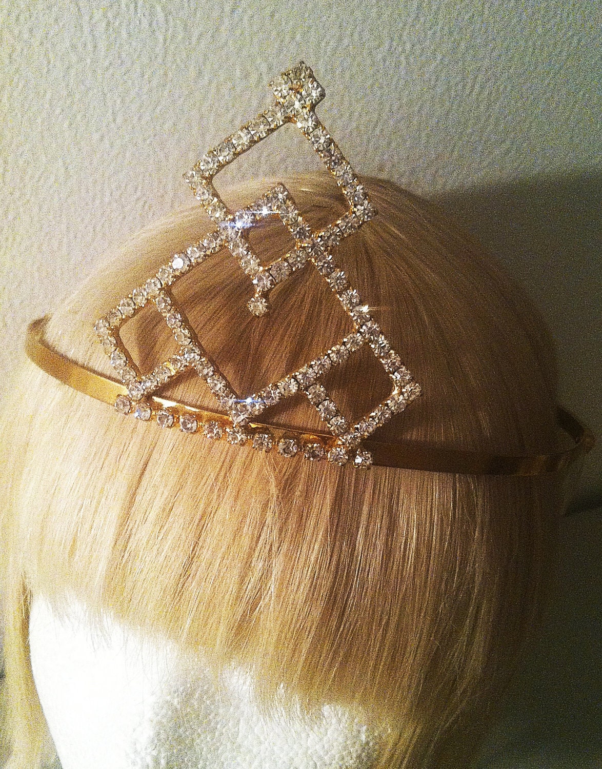 Vintage Tiara Crystal Rhinestone Bridal Headpiece Crown Ethereal Princess Designer Antique Wedding Geometric