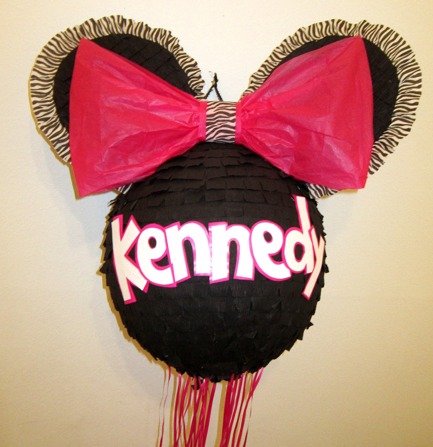 Zebra Minnie Mouse Personalized Custom Pinata with PULL STRINGS