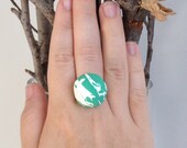 SALE Hand painted mint and white sculpted clay stone statement ring on adjustible silver metal ring base