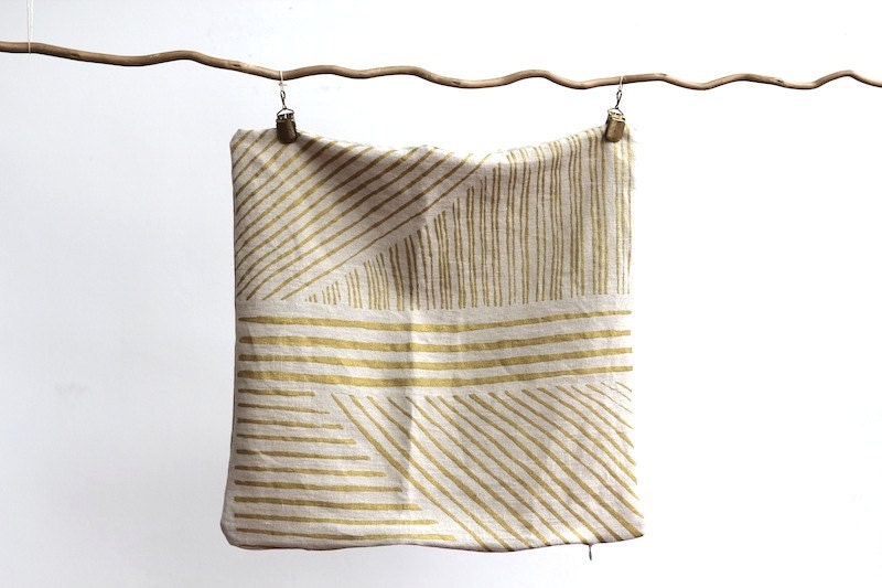 Karnataka in metallic ink hand printed on Natural Ecru organic hemp pillow cover 20x20