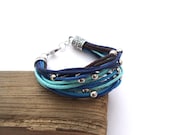 Blue tones bracelet , modern beaded bracelet , cotton cord bracelet , spring , summer