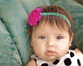 BACK IN STOCK - Fuchsia Shabby Chic Single Flower on Mint Glitter Stretch Headband - The Shabby Chic Collection