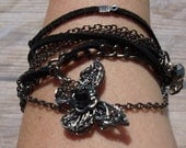 Black Chained Butterfly Multi Strand Charm Bracelet