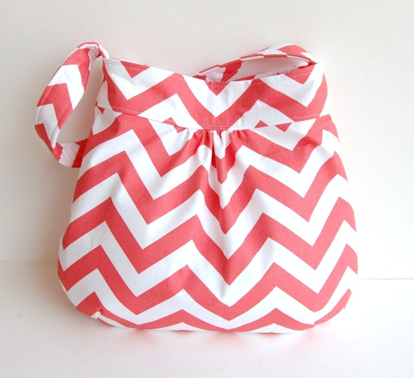 Custom Chevron Gathered Hobo Purse - Choose Your Lining Fabric - Coral and White - MADE to ORDER - Adjustable Strap Option Available