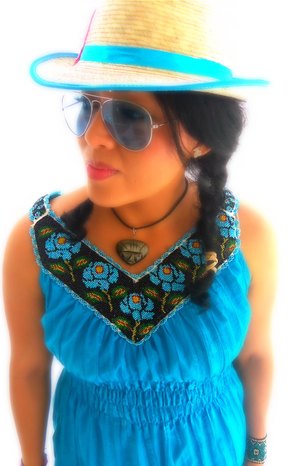 Sophia Princces Mexican Handmade Embroidered Chaquira beaded Bohemian Turquoise  Tank top-Mini Dress Tunic