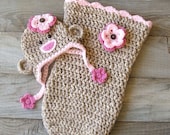 Newborn Girly Sock Monkey Hat w/ Pink Flowers & Matching Snuggle Sack / Cocoon / Bunting