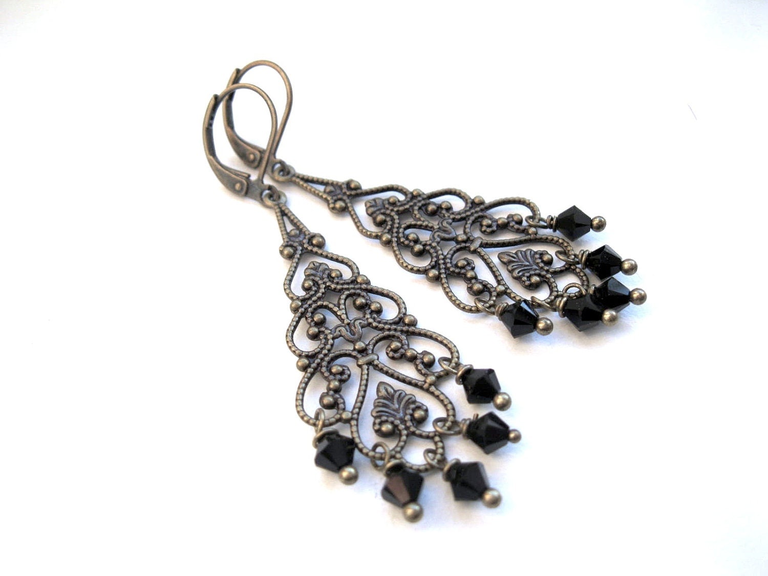 Brass Chandelier Earrings in Brass with Jet Crystals. Victorian Gothic Jewellery. Custom Colours. Lorena