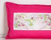 Painting of Hummingbird on Floral Pillow Cover,  Pink White Green Home Decor