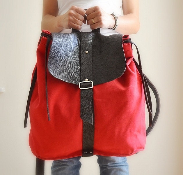 Leather and Canvas Backpack Rucksack Diaper Bag Shoulder Bag Brown Leather and Red Canvas Men Women