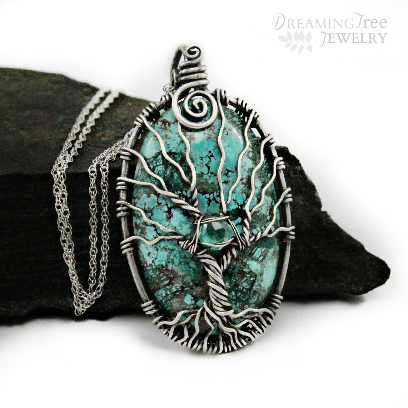 Natural Turquoise tree of life necklace Apatite and 925 sterling silver