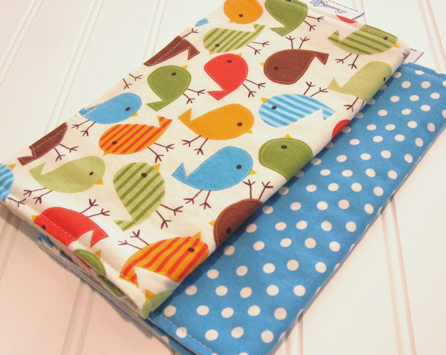 Burp Cloths/Birds in Bermuda/Double Flannel Backing in Natural/Set of Two
