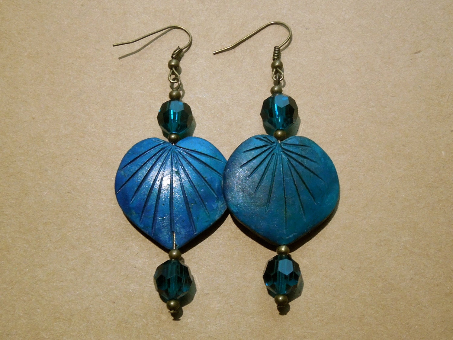 Vintage wooden leaf bead focal earrings with faceted crystal beads