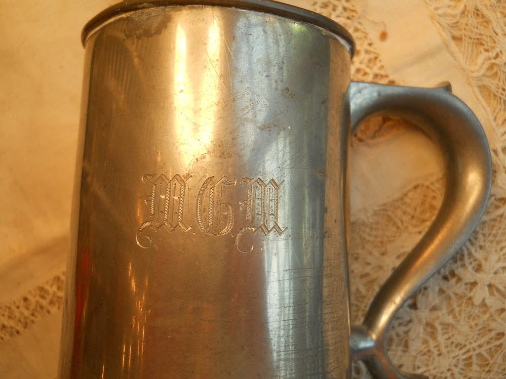 Vintage Reed And Barton P31 Glass Bottom Mug, MGM Monogrammed, Silverplated Possible Pewter Handle