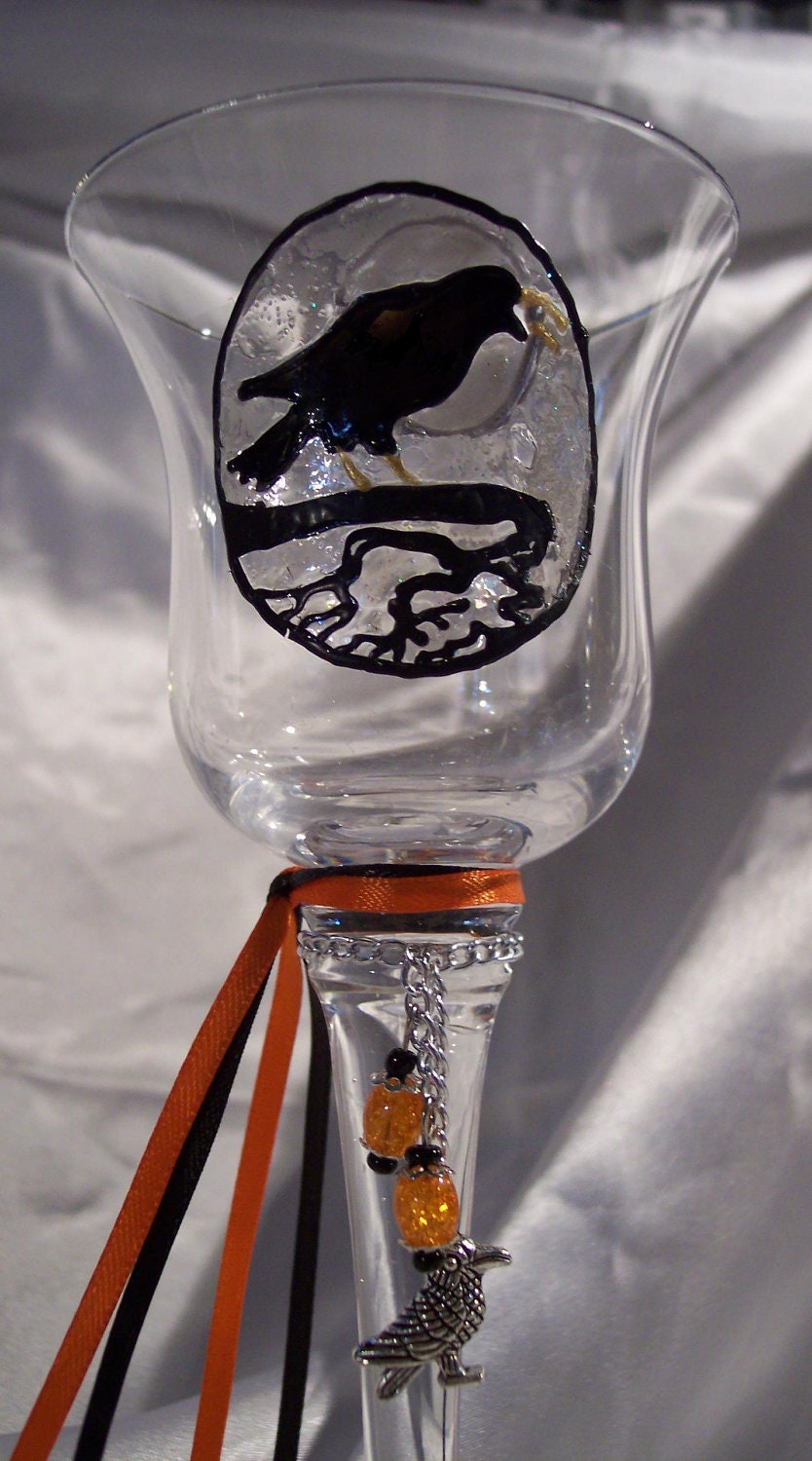 Moonlit Raven, Stemmed Samhain / Halloween Candle Holder, OOAK- s&h  Included