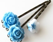 blue flower hair pins, flower hair accessories, something blue flower bobby pin set, rose hair pin