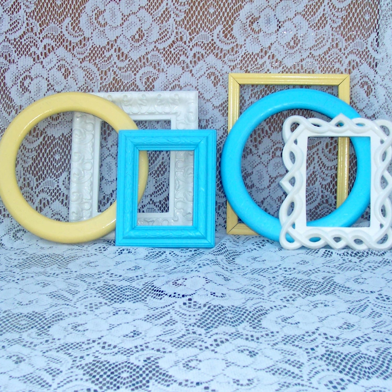 beachy frame grouping shabby creamy white warm yellow aqua shabby chic summer home cottage chic