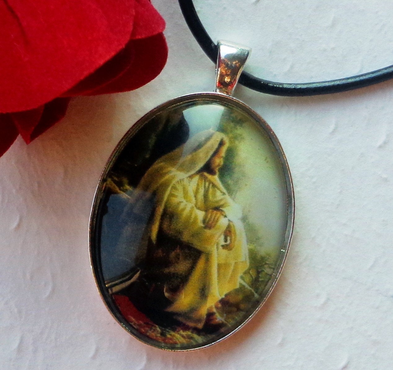 Jesus Christ Glass Pendant - Catholic Christian Pendant Leather Necklace