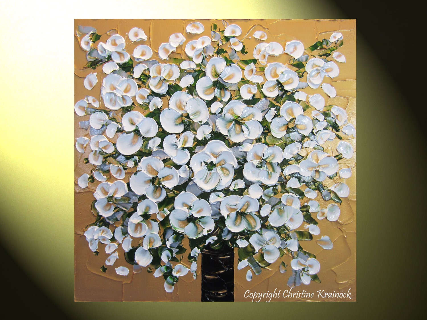 Original Art Abstract Painting, White Flower Bouquet Textured Spring Flowers Modern Palette Knife Metallic Gold 24x24" -Christine