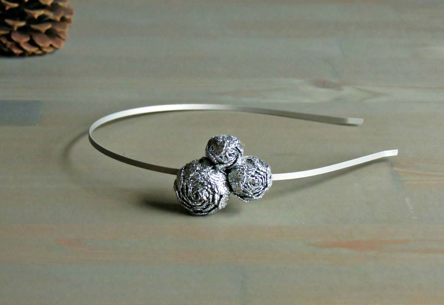Metallic Silver Rosette Flower Headband  for Women . Gifts for Her . Prom . ponyupdesigns